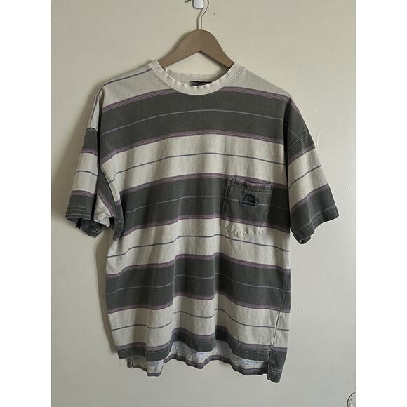 Vintage 90s Quiksilver Surf Striped Embroidered Pocket T Shirt Size S - Picture 1 of 4